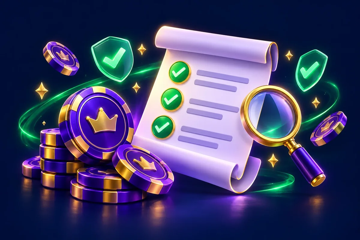 Reward tokens, a checklist and a magnifying glass illustrating bonus terms and eligibility