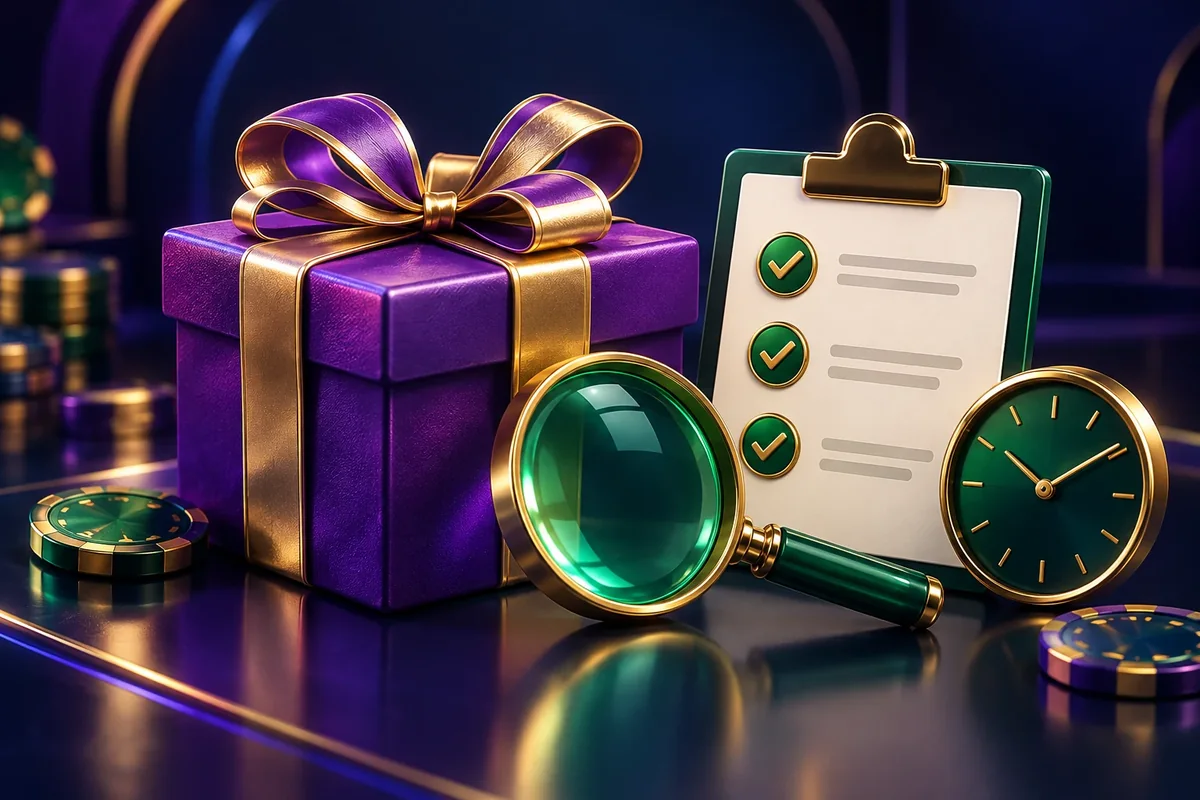 Purple gift box, magnifying glass, checklist and clock illustrating bonus eligibility and conditions