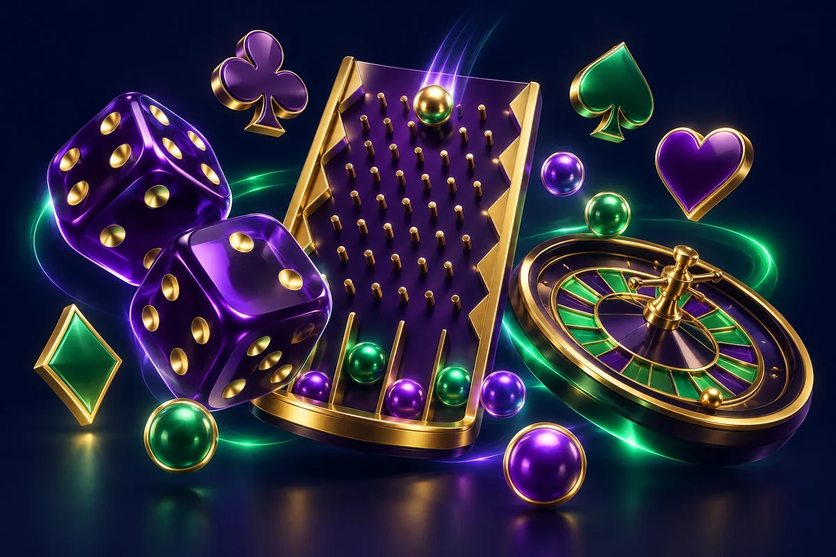 Dice, plinko board, keno balls and roulette wheel representing Jackbit Originals