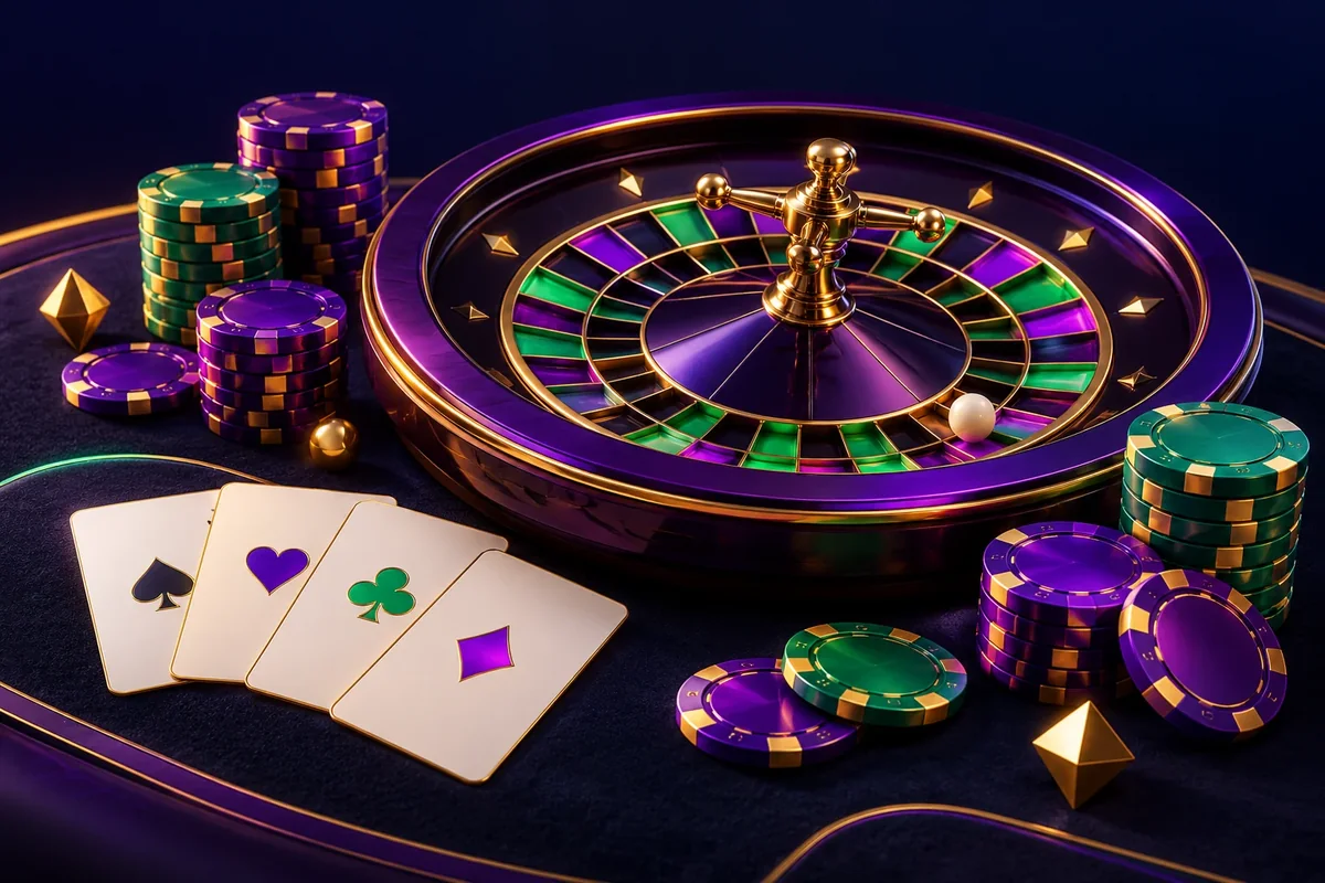 Roulette wheel, playing cards and chips on felt representing Jackbit live casino tables