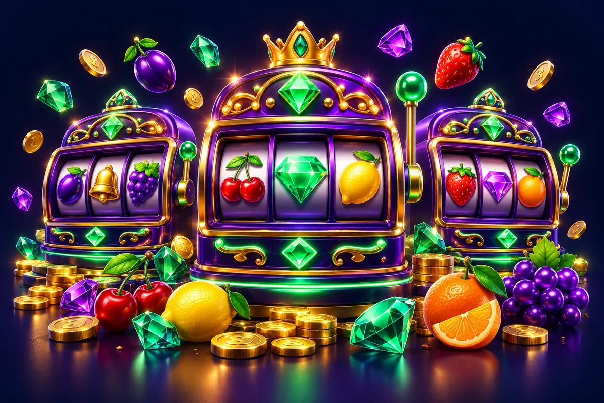 Three slot machines with fruit and gem symbols representing Jackbit slots