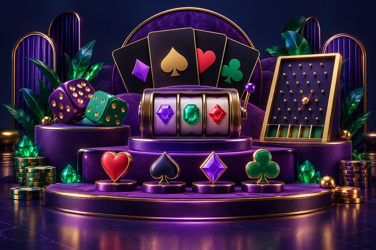 Dice, card suits, a pegboard and gem-themed slot reels arranged as a casino game collection
