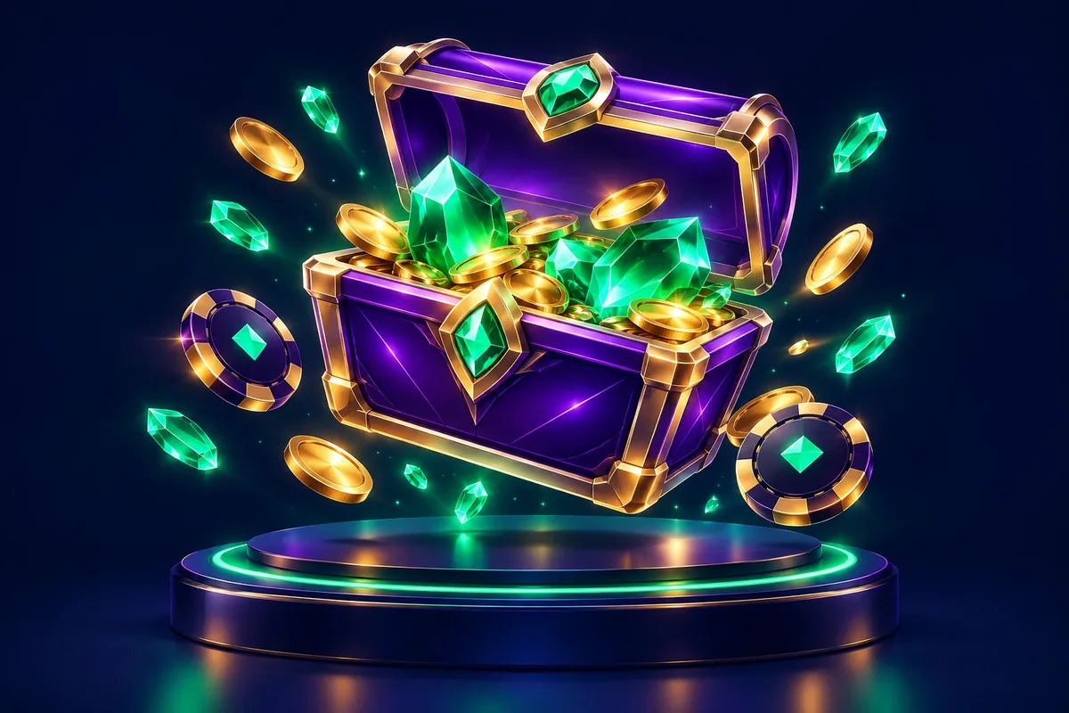Open treasure chest with coins and casino chips representing Jackbit Casino rewards