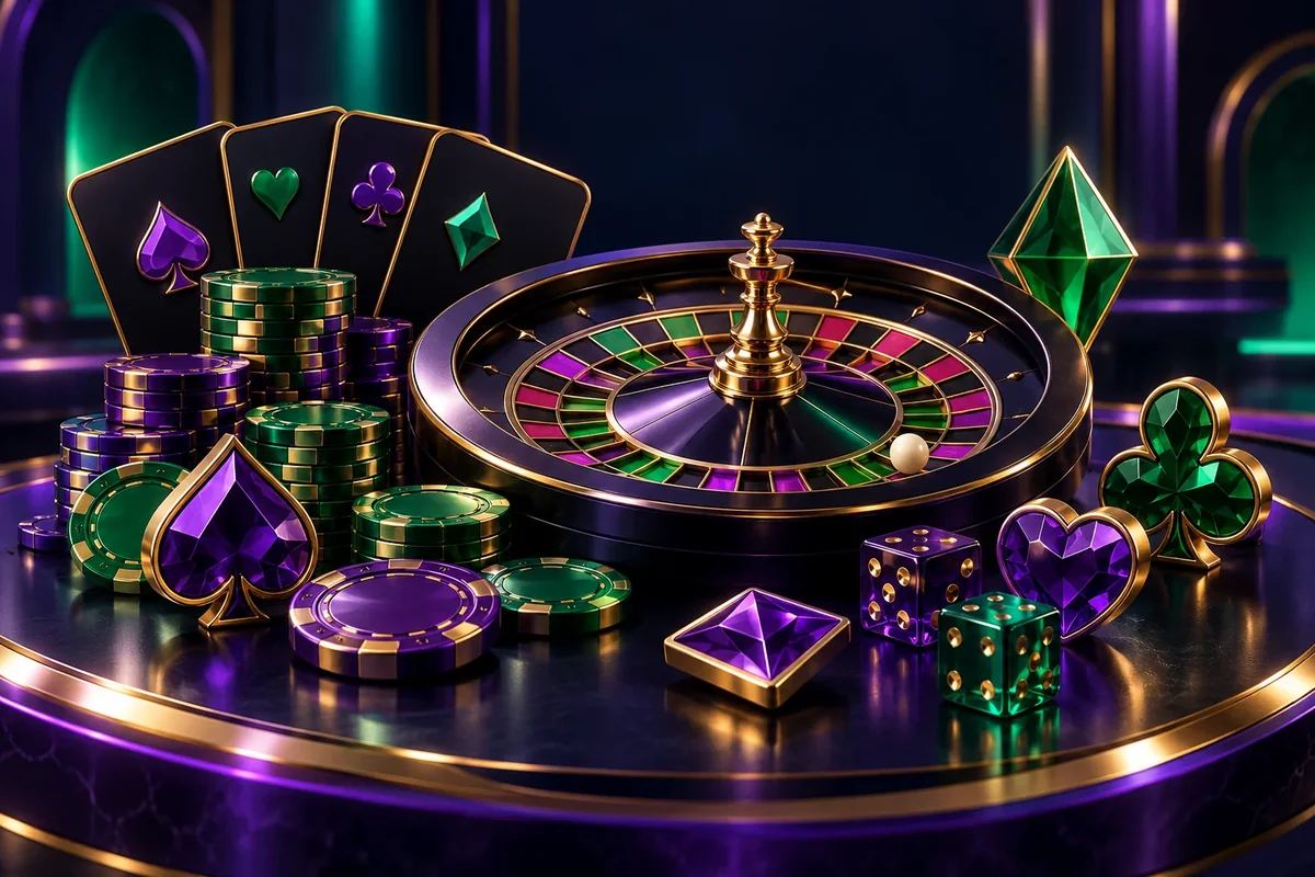 Purple roulette wheel, playing-card suits and emerald game tokens on a dark navy background