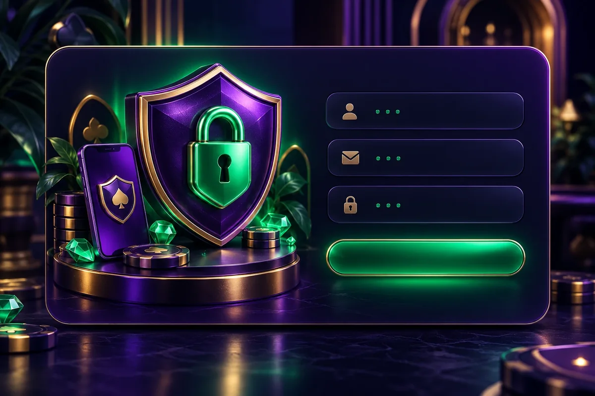Purple security shield and green padlock beside a stylised account login interface