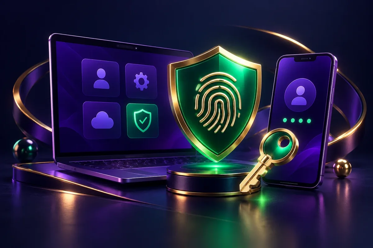 Smartphone and laptop protected by a fingerprint shield and key for secure account access