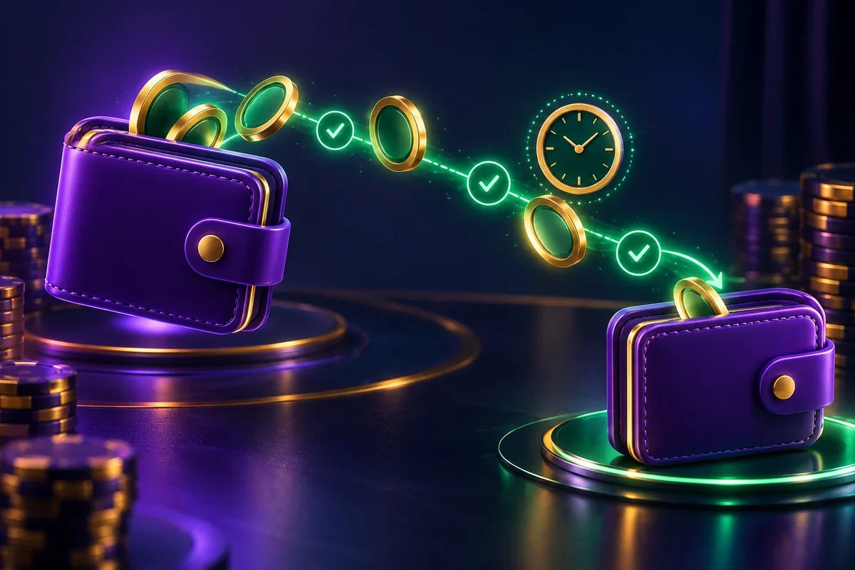 Two purple wallets connected by a green transfer route with payment tracking indicators